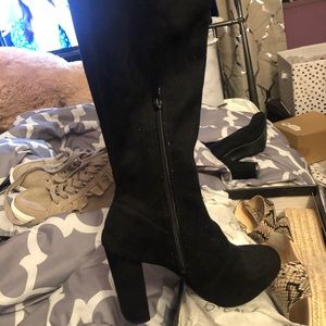 Faux Suede Thigh High Black Heeled Boots